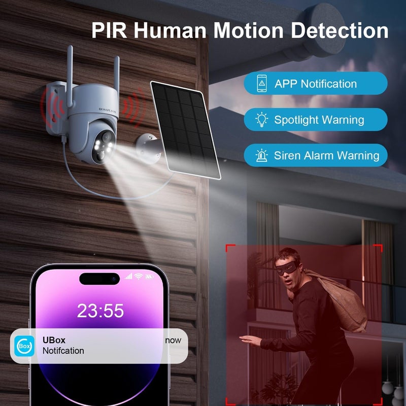 HOSAFE.COM Wireless Security Camera Outdoor, 360° PTZ Remote Cameras for Home Security Solar Powered, 2K 3MP Surveillance & Security Cameras with Spotlight Color Night Vision, PIR Sensor, 2-Way Audio - Image 4